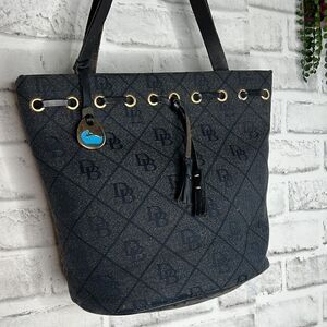 VINTAGE Dooney & Bourke Canvas Signature DB Bucket Leather Trim Bag Purse